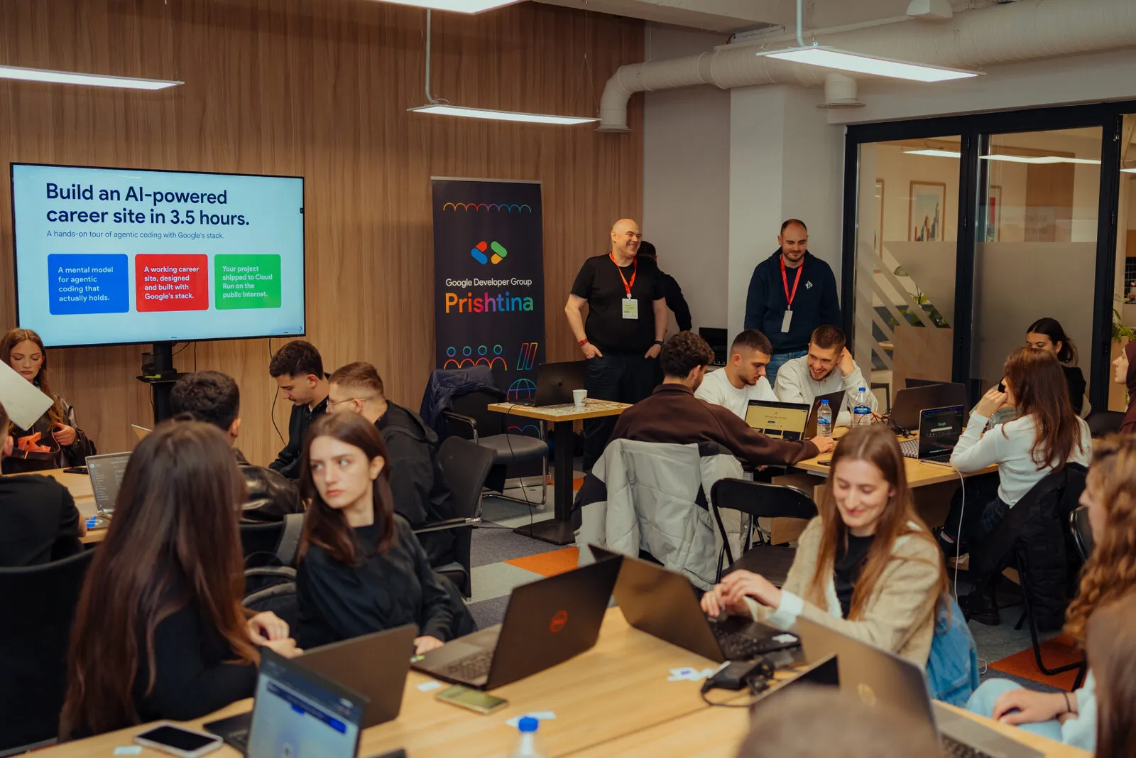 Workshop attendees at laptops, GDG Pristina